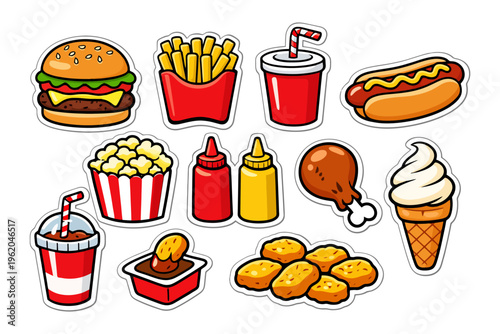 Colorful assortment of fast food icons including burger, fries, and ice cream.