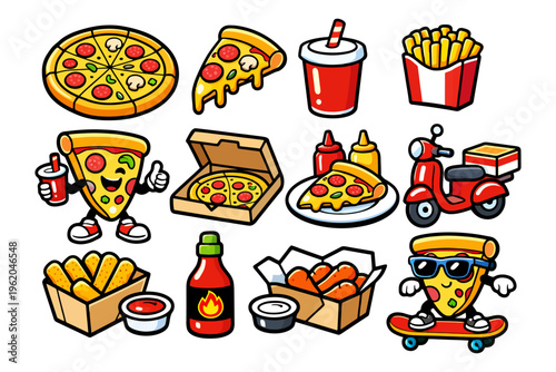 Cartoon pizza and fast food icons featuring slices, drinks, and scooter delivery.
