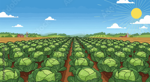 Pixel Art Cabbage Field Farm Landscape with Sunny Sky