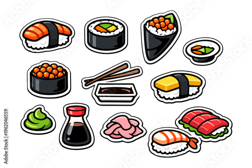 Colorful assortment of sushi stickers featuring nigiri, rolls, and wasabi.