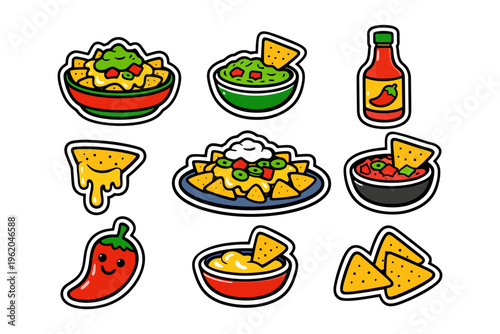 Colorful cartoon nachos and toppings with hot sauce and cheese illustrations.