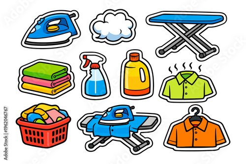 Colorful laundry and ironing icons with clothes, detergent, and ironing board.
