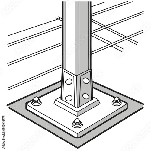 Detailed engineering drawing of a metal post base plate with bolts and fence lines in the background