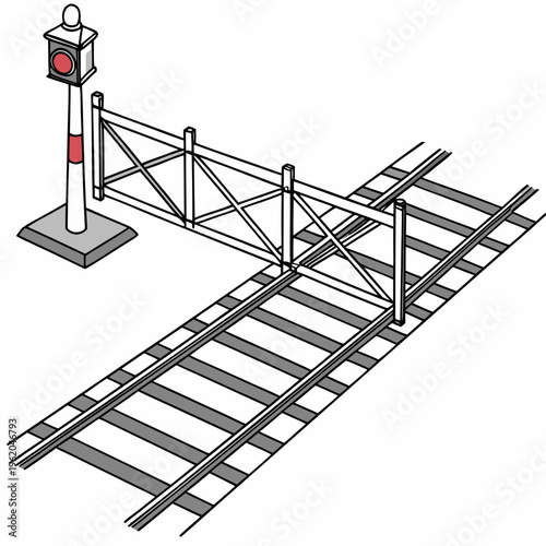 Railway crossing gate with red light on for train tracks