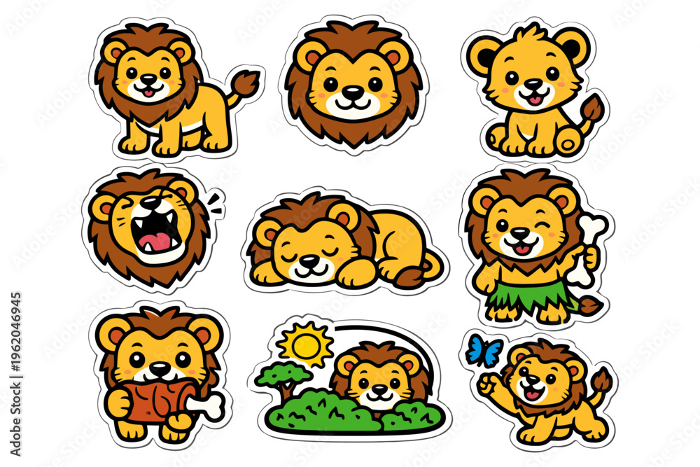 Obraz premium Cute cartoon lion stickers featuring playful and adorable expressions.