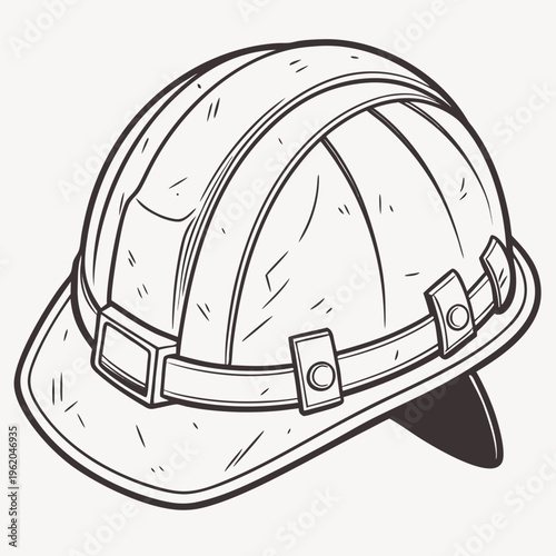 Firefighter helmet in a vintage line art style with a strap and buckle