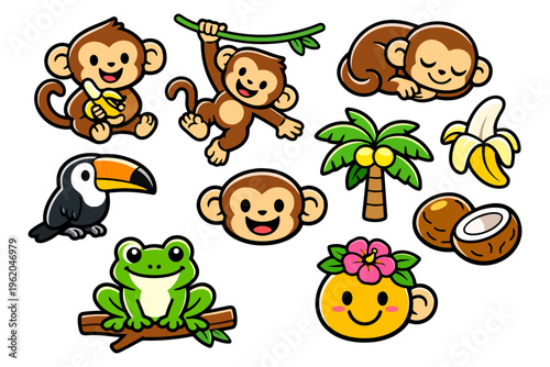 Cute cartoon jungle animals and tropical elements with monkeys, toucan, frog, and fruits.