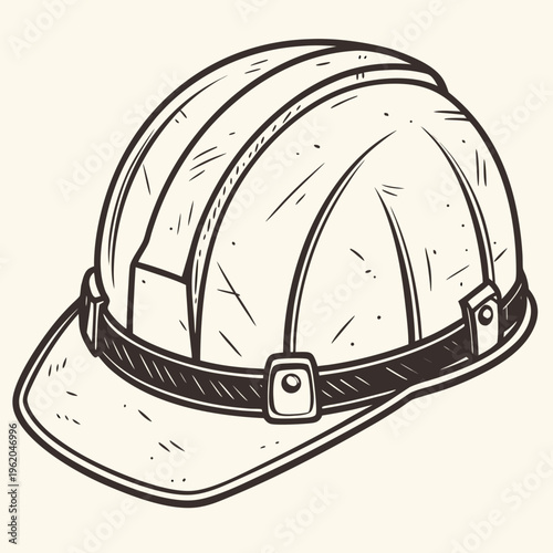 Vintage style illustration of a firefighter helmet with a black strap and buckle on a beige background