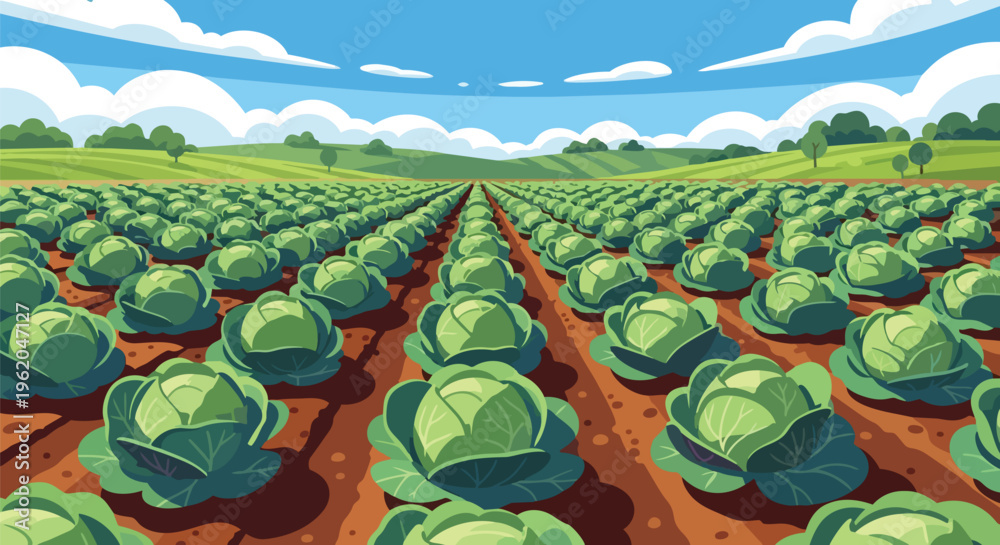 Fototapeta premium Vibrant Cabbage Field Plantation in Sunny Rural Landscape