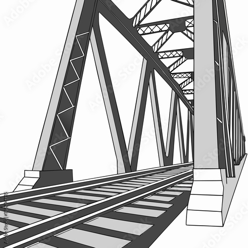 A black and white illustration of a train bridge with railroad tracks