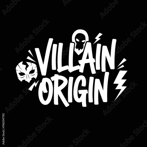 Villain Origin text with skull and mask graphics.
