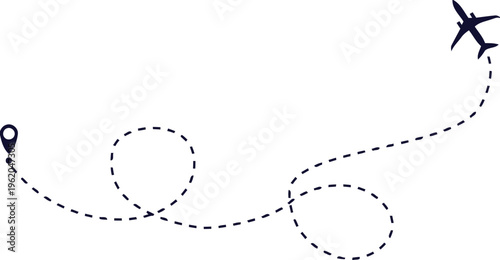 Airplane flight path illustration with dotted line and pin