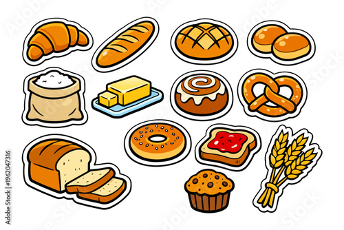 Variety of bakery products including bread, croissant, and pastries illustrated on white background.