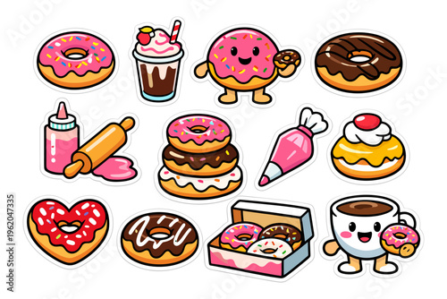 Cute cartoon donuts and pastries with smiling faces and accessories.