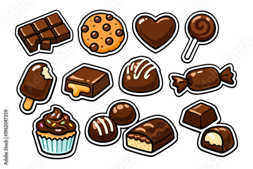 Assorted chocolate desserts and sweets collection with candy and pastries.