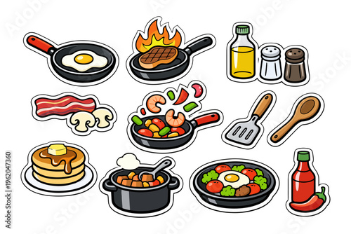 Various food doodles including breakfast items and cooking utensils.