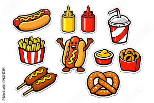 Fun cartoon fast food stickers with hot dogs, fries, mustard, and pretzels.