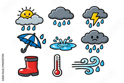 Colorful weather icons with sun, clouds, umbrella, puddle, boot, thermometer, and wind.