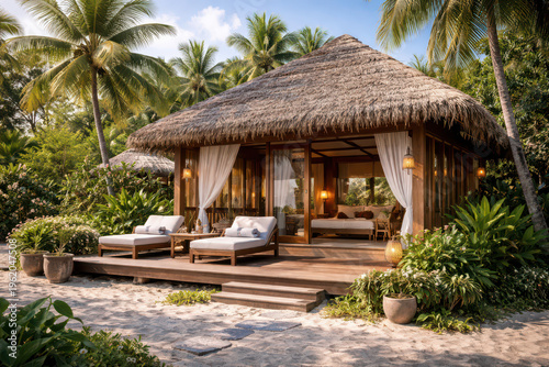 Tropical beach hut surrounded by lush greenery and palm trees.