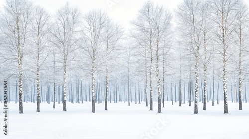 Snow-covered birch trees stand in serene, symmetrical rows, creating a tranquil winter forest scene