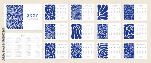 Floral calendar for 2027 year with month pages set. Contemporary flower art design with modern blue element for planner. Flora wavy shapes monthly organizer. Flat vector illustration for printing