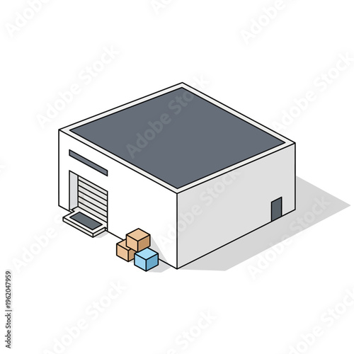 Isometric warehouse building with loading dock and delivery boxes illustration