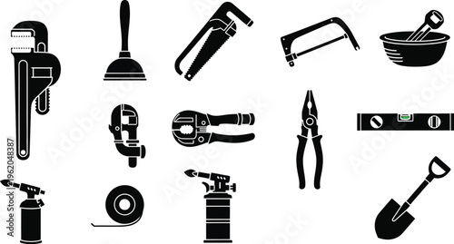 Black and white set of construction tools
