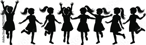 Girls silhouettes, playful poses, childhood joy, dancing figures, ponytail icons, unity celebration, children movement artwork, happy kids illustration design