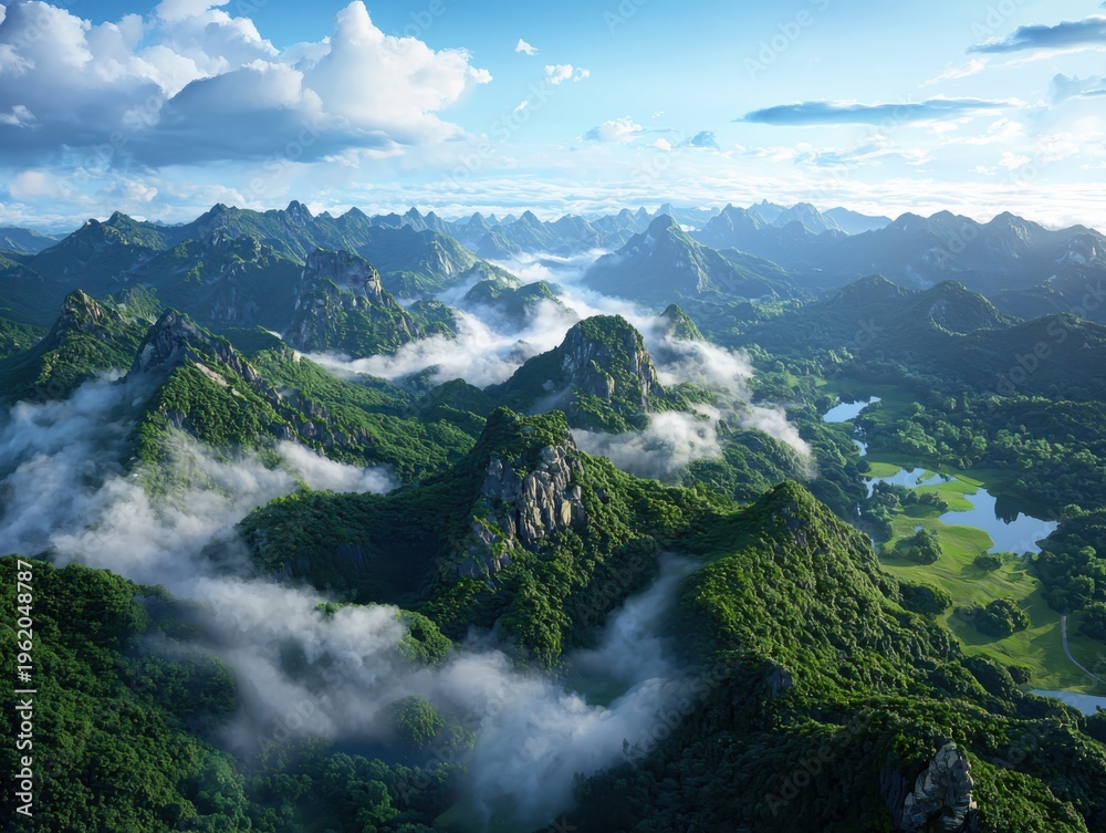 Obraz premium Rolling Green Hills and Mountains with Wisps of Fog and Lakes
