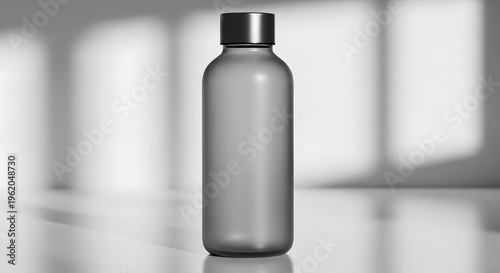 gray metallic water bottle with black cap on reflective surface in bright environment
