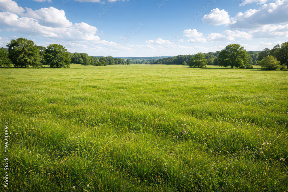 Fototapeta premium A vast green meadow under a blue sky with fluffy clouds.