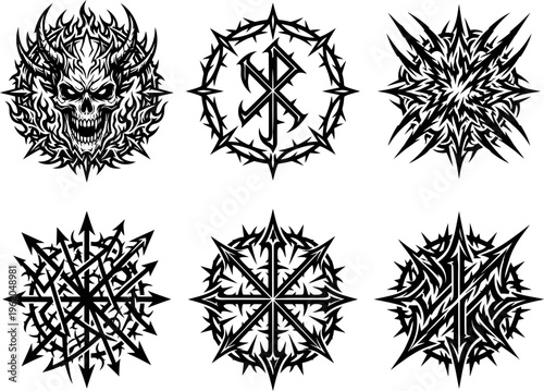 Collection Of Black Metal Symbols Featuring Sharp Thorns And Demonic Skull Over White Background