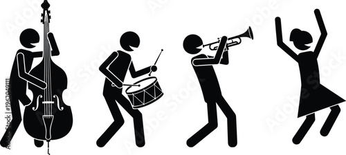 Music performance icons, jazz band silhouettes, trumpet player, drummer, double bass musician, dancing figure, celebration rhythm, live concert illustration artwork