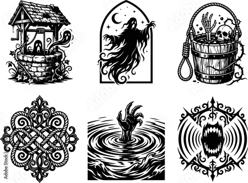 Collection Of Dark Macabre Icons In Black And White Pixel Art Featuring Spooky Haunted Elements