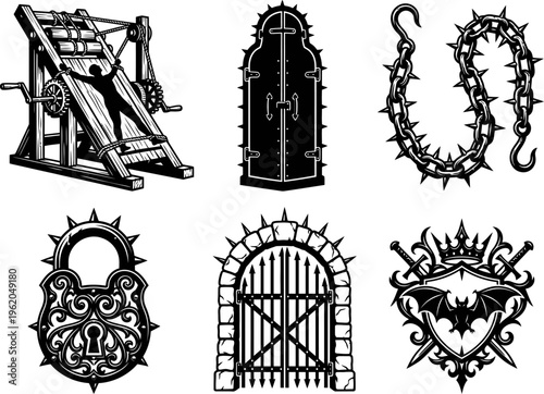 Collection Of Medieval Dungeon Icons And Gothic Symbols In Black And White Pixelated Digital Style