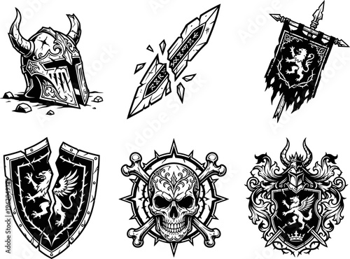 Collection Of Retro Pixel Art Fantasy Icons Featuring Viking Helmet Broken Sword Shield And Skull