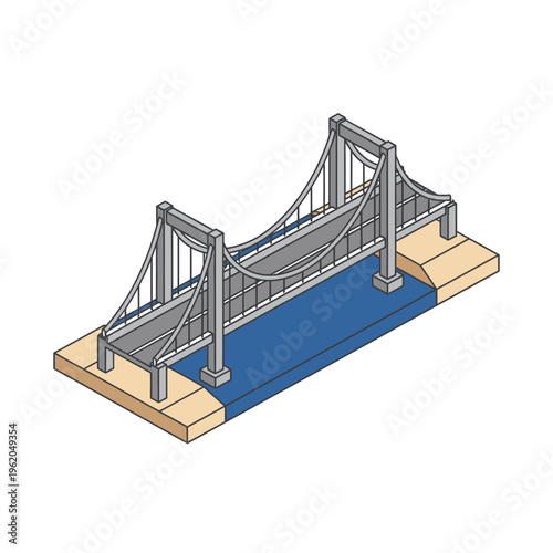 Isometric illustration of a suspension bridge crossing over blue water with beige landmasses on either side, representing urban infrastructure and civil engineering marvels