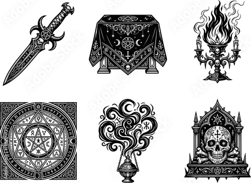 Collection Of Retro Pixel Art Occult Icons Including Dagger Altar Candelabra Pentagram Smoke And Skull