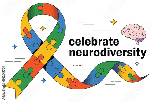 Colorful puzzle ribbon symbolizing autism awareness and neurodiversity acceptance with brain illustration