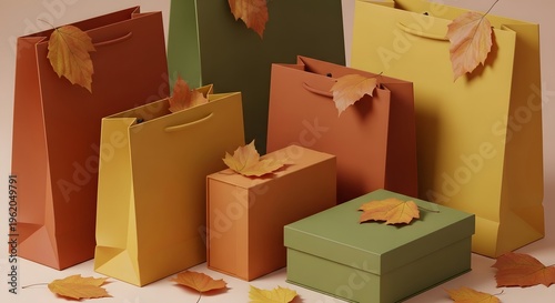 colorful paper gift bags with autumn leaves used for shopping and celebration