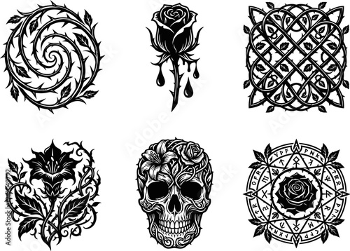 Set Of Six Gothic Black And White Tattoo Designs Featuring Thorns Roses And A Skull On White Background