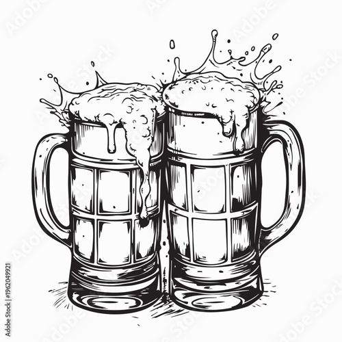 Two Beer Mugs Clinking With Splashing Foam Vector Illustration