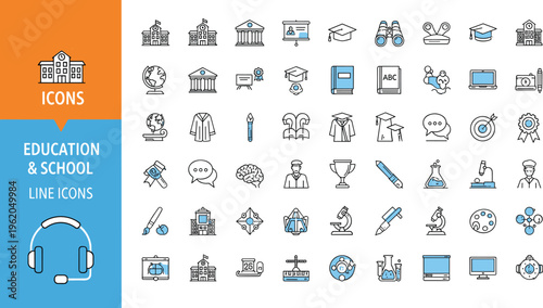 Education school line icon set featuring learning graduation university classroom science study symbols outline vector collection academic knowledge
