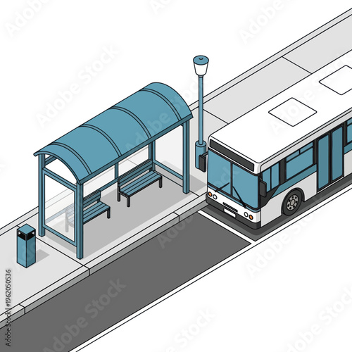 Isometric Bus Stop with Shelter and Approaching Bus.