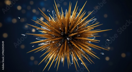 Abstract golden spiky sphere exploding with shards against a dark blue bokeh background.