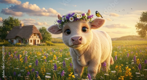 Adorable calf wearing flower crown in a field.