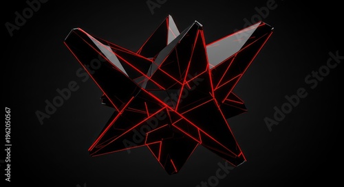 Abstract 3D rendering of a black geometric shape with red lines.