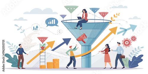 A colorful vector illustration of people working together around a large funnel with arrows and graphs