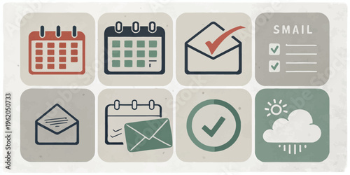 A set of eight icons representing calendar, email, and checklist concepts in a flat, minimal design style.