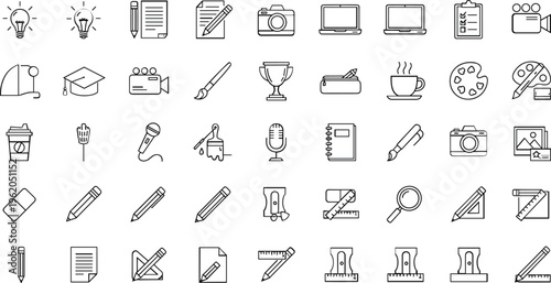 Education stationery creativity line icons set featuring school supplies drawing tools art learning equipment outline vector collection